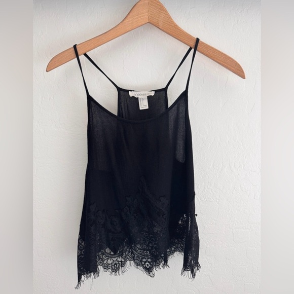 Forever 21 Black Sheer Lace Hem Tank Top Size S - Picture 1 of 6